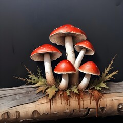 Wall Mural - Some mushrooms with red caps and white gills growing on a decaying log against a dark background