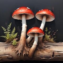 Wall Mural - Some mushrooms with red caps and white gills growing on a decaying log against a dark background