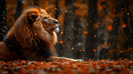 Wall Mural - A lion is laying on the ground in a forest with leaves falling around it