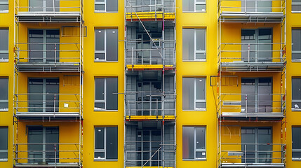 Poster - A high-rise building under construction features a vibrant yellow and gray facade with scaffolding and numerous windows