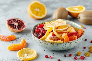 Canvas Print - Healthy snacks made from dried fruits fruit chips and fresh fruit providing dietary nutrition