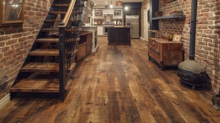  Warm wood-look rubber flooring in a basement, creating a cozy and inviting atmosphere