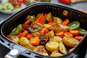 Home cooked fried dried veggies and fruits like carrot potato kiwi and roselle are air fried for a family lunch