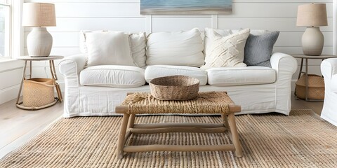 Wall Mural - Coastal living room with shiplap walls jute rug and oceaninspired decor. Concept Coastal Living Room Design, Shiplap Walls, Jute Rug, Ocean-Inspired Decor