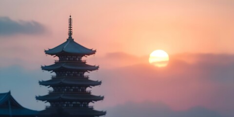 Majestic Japanese castle against sunset sky symbol of feudal power in art. Concept Architecture, Japanese Culture, Sunset, Feudalism, Power