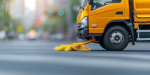 Wall Mural - City street cleaning truck with yellow brushes cleans the streets. Concept City Street Cleaning, Yellow Brushes, Urban Maintenance, Municipal Services, Road Sweeper