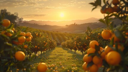 Wall Mural - Sunset landscape photo of Orange plantation. Heathy fresh fruit. Vitamin. Orange grove harvest.	