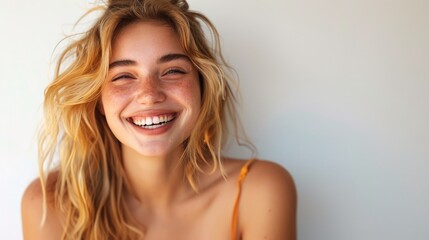 Wall Mural - Radiant Young Woman Smiling Joyfully with Sun-Kissed Hair