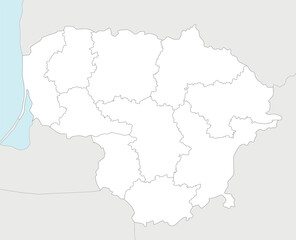  Vector regional blank map of Lithuania with counties and administrative divisions, and neighbouring countries and territories. Editable and clearly labeled layers.