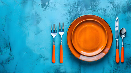 Cutlery, fork, knife, spoon and empty plate on a colored background. AI Generated