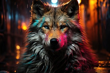 Naklejka na meble Night Urban Wolf a fusion of neon and street art in the urban jungle, generative IA