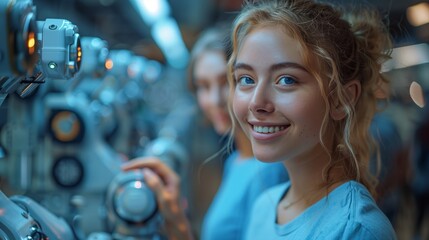 Poster - young woman smiles while operating robotic arm in factory setting
