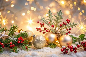 Poster - Sparkling snowflakes and glittering ornaments decorate a serene winter wonderland scene with a warm golden light and festive holly branches on a soft white background.