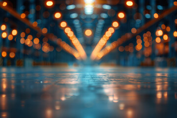 Poster - Beautiful bokeh lights illuminate an industrial warehouse, creating a warm ambiance with reflections on the polished floor. Perfect for modern background use.