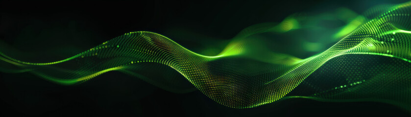 Poster - Abstract digital green wave pattern on a dark background, showcasing smooth flowing lines and vibrant light dots. Modern technology and futuristic design concept.