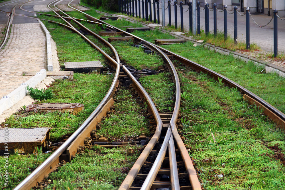 Combined dual gauge three-rail track. Standard gauge track used by trains and narrow meter gauge track used by trams in Zwickau, East Germany.