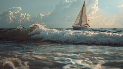 There is a white sailboat in the ocean. Sea waves