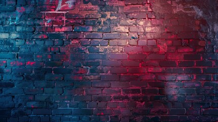 Neon brick wall texture background. Vibrant blue and red neon lights illuminate a grunge brick wall, creating a dynamic and urban backdrop.