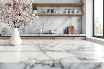 Poster - White stone marble table top with kitchen interior background. Empty copy space for text or display product