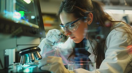 Poster - scientist in a lab, developing nanotechnology that can repair cells and fight diseases at a microscopic level.