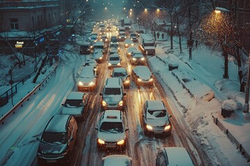 Wall Mural - Winter city roads. Many cars are stuck in city traffic jam due heavy snow and difficult weather conditions