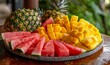 © Nadin Faust - plate of tropical fruits, watermelon and mango slices, outdoor natural light setting