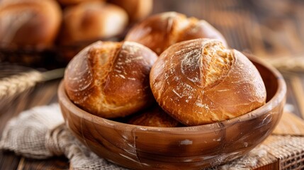 Freshly baked bread rolls in a bowl. Delicious, crusty bread rolls in a wooden bowl on a rustic table. Perfect for food blogs, websites, and menus.