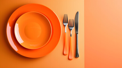 Cutlery, fork, knife, spoon and empty plate on a colored background. AI Generated