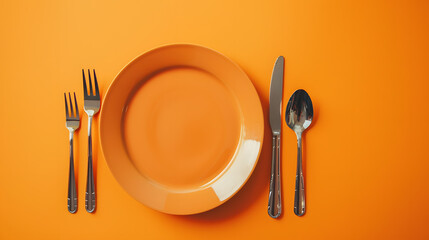 Cutlery, fork, knife, spoon and empty plate on a colored background. AI Generated