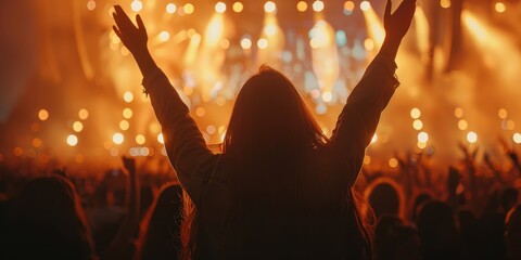 Wall Mural - Silhouette of a female music fan cheering at concert