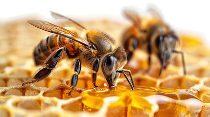 Wall Mural - small pieces of honeycomb with bee on white background. photo realistic. background tile 