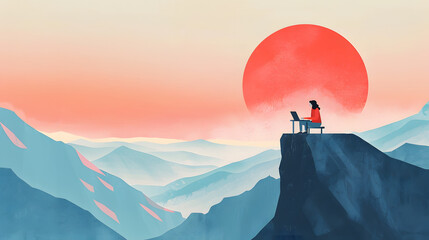Poster - young professional woman woeking at a desk on the top of a mountain