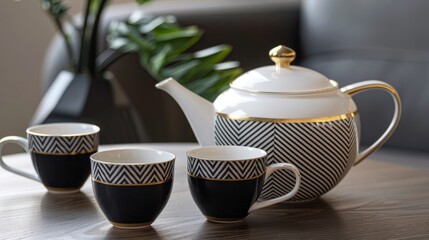 A glossy white teapot with a sleek modern shape accented with a black and gold herringbone pattern and accompanied by two matching cups with a stark black interior.