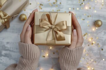 Sticker - Woman hands holding present gift box decorated golden ribbon on light background with gold bokeh. Top view