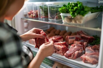 Woman putting raw meat in refrigerator, closeup, Refrigerator with fresh meat products