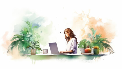 Wall Mural - A woman is sitting at a desk with a laptop and a potted plant in front of her