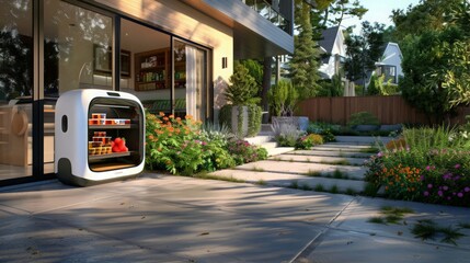 Poster - future home that includes automated delivery systems for groceries and other essentials.