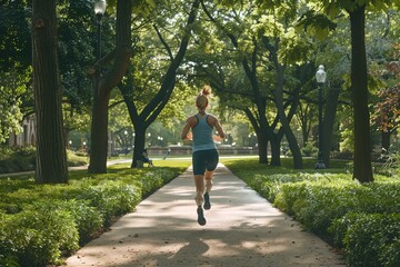 Poster - Woman running in a city park. back view