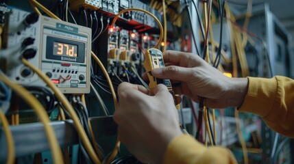 Electricity and electrical maintenance service, Engineer hand holding AC voltmeter checking electric current voltage at circuit breaker terminal and cable wiring main power distribution board