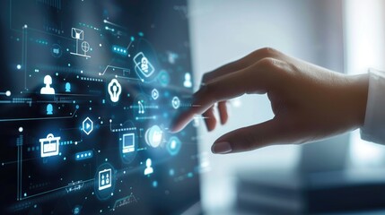 Poster - A close-up of a hand touching a virtual screen with customer service icons, symbolizing modern support solutions in a tech-savvy business environment