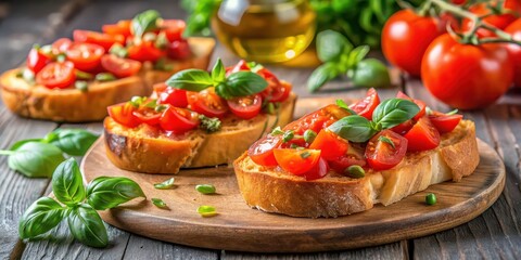 Poster - Fresh bruschetta with ripe tomatoes, fragrant basil, and drizzled with olive oil on a toasted baguette, appetizer, Italian