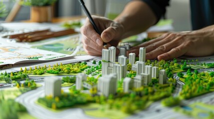 Poster - A creative individual designing an eco-city with sustainable architecture and urban forests, illustrated on a large sheet of paper