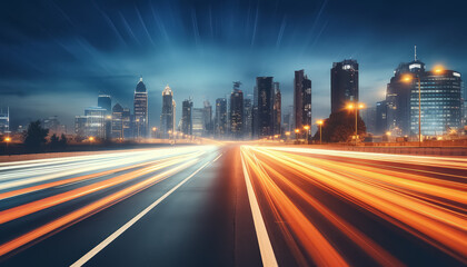 Wall Mural - A city skyline is shown with a long road in the middle