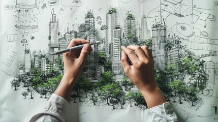Poster - A creative individual designing an eco-city with sustainable architecture and urban forests, illustrated on a large sheet of paper