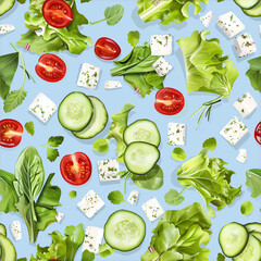 Wall Mural - Fresh garden salad with mixed greens, cherry tomatoes, cucumbers, and feta cheese