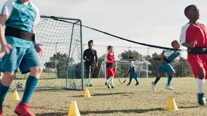 Sticker - Boy, children and training on grass for soccer with resistance band, harness or running for speed development. Coach, man and kids in football with exercise, cone and diversity for fitness on field