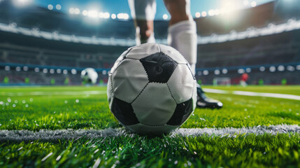 Wall Mural - A soccer ball sits on the green grass of a football field, illuminated by stadium lights. The players foot is blurred in the background, creating a sense of motion and anticipation