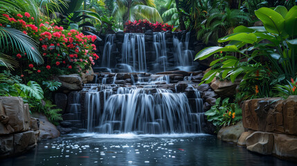 Picturesque waterfall cascading into a pool with tropical plants and vibrant flowers