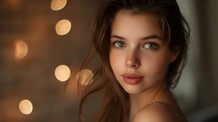 Beautiful woman with brown hair looking at camera .