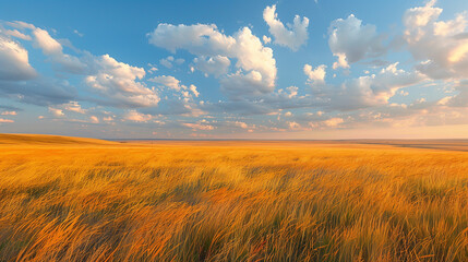 Wall Mural - Vast prairie with golden grasses swaying under a dramatic, cloud-filled sky